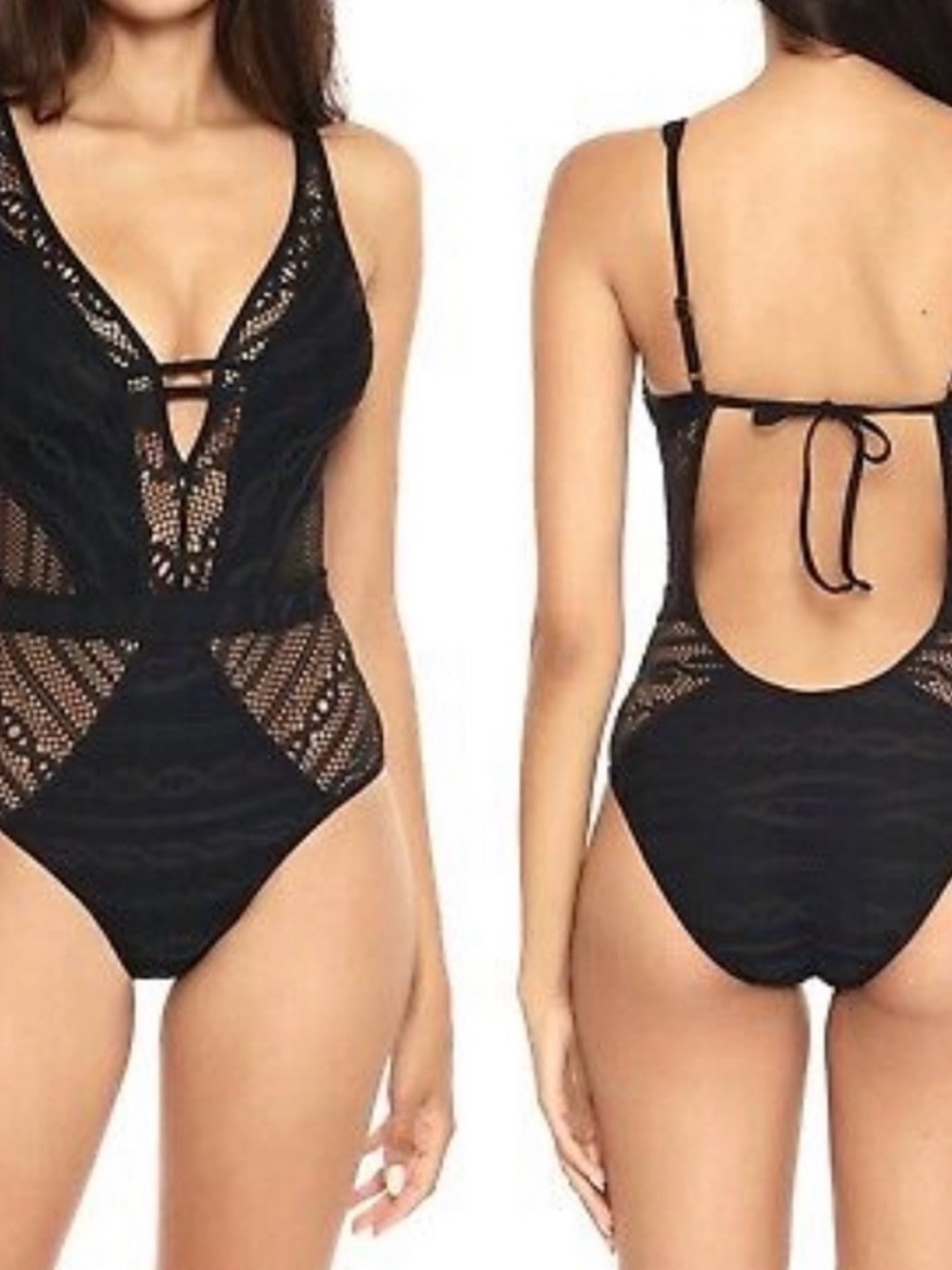 BECCA Black Lace Plunge One-Piece Swimsuit